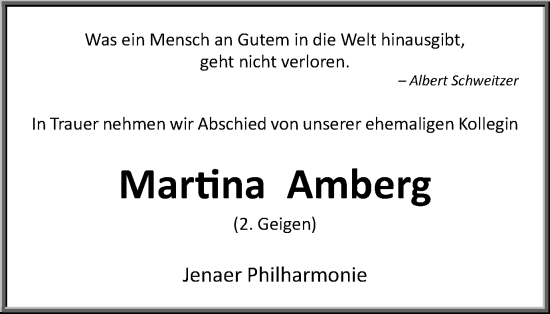 Traueranzeige von Martina Amberg von Ostthüringer Zeitung, Thüringische Landeszeitung