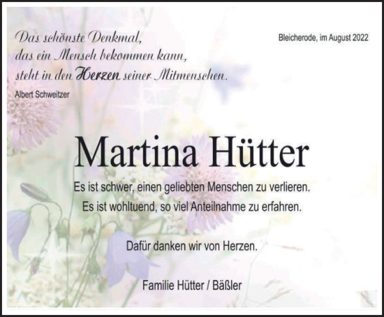 Traueranzeige von Martina Hütter von Thüringer Allgemeine