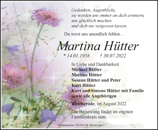 Traueranzeige von Martina Hütter von Thüringer Allgemeine