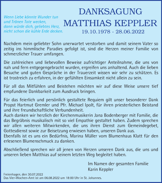 Traueranzeige von Matthias Keppler von Thüringer Allgemeine