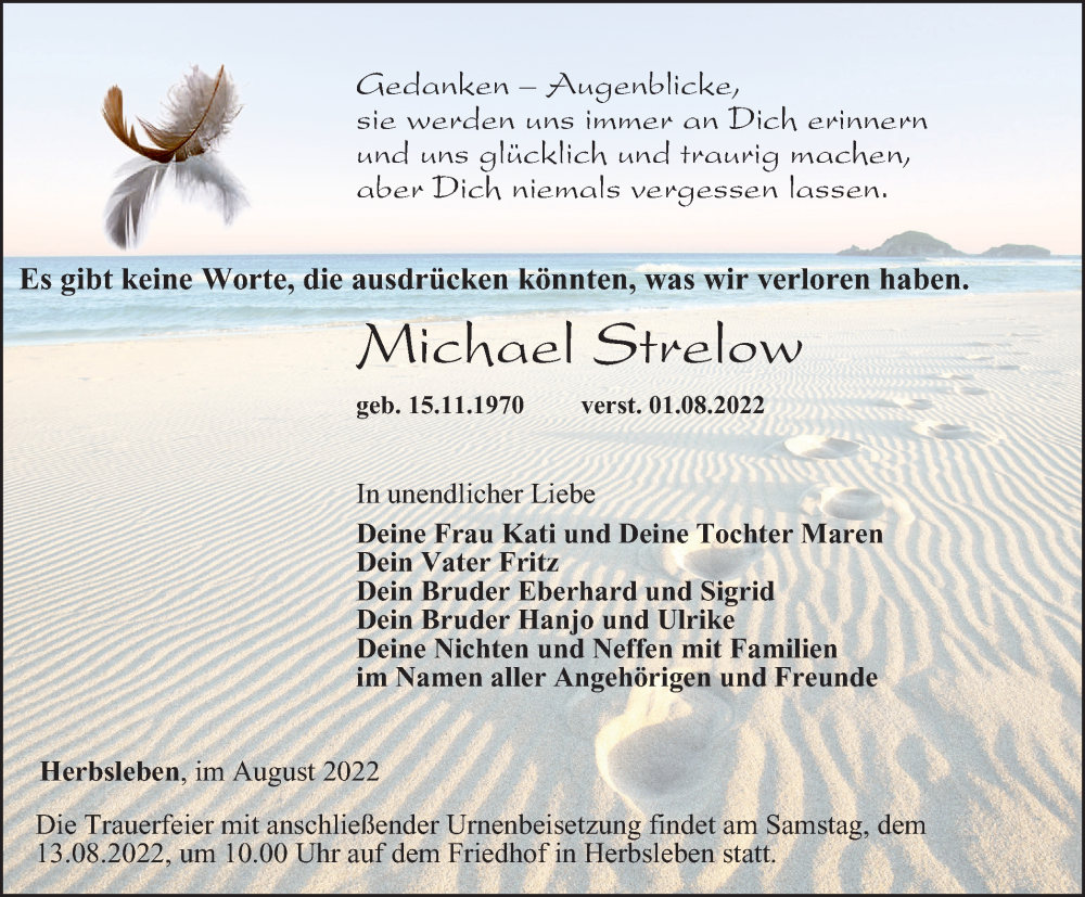  Traueranzeige für Michael Strelow vom 10.08.2022 aus Thüringer Allgemeine, Thüringische Landeszeitung