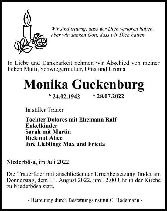 Traueranzeige von Monika Guckenburg von Thüringer Allgemeine