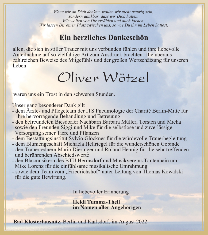  Traueranzeige für Oliver Wötzel vom 20.08.2022 aus Ostthüringer Zeitung