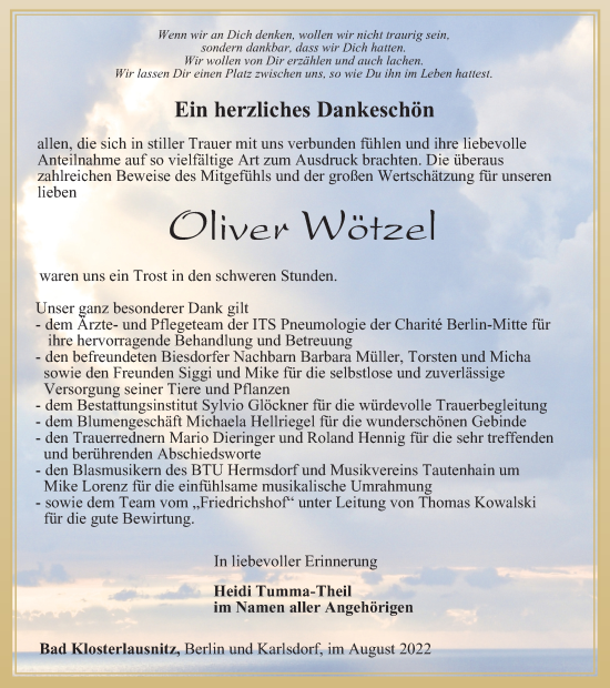 Traueranzeige von Oliver Wötzel von Ostthüringer Zeitung