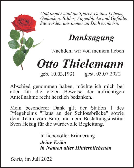 Traueranzeige von Otto Thielemann von Ostthüringer Zeitung