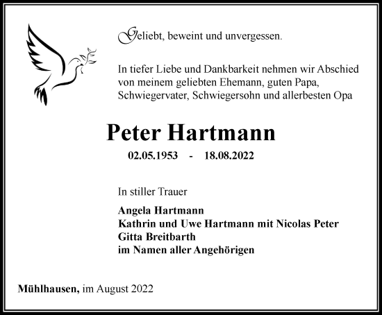 Traueranzeige von Peter Hartmann von Thüringer Allgemeine, Thüringische Landeszeitung