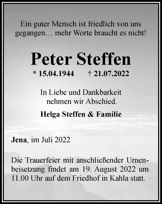 Traueranzeige von Peter Steffen von Ostthüringer Zeitung, Thüringische Landeszeitung