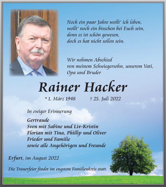 Traueranzeige von Rainer Hacker