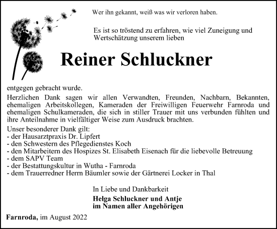 Traueranzeige von Reiner Schluckner von Thüringer Allgemeine, Thüringische Landeszeitung