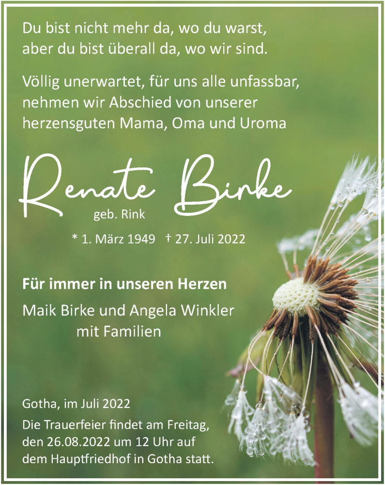  Traueranzeige für Renate Birke vom 13.08.2022 aus Thüringer Allgemeine, Thüringische Landeszeitung
