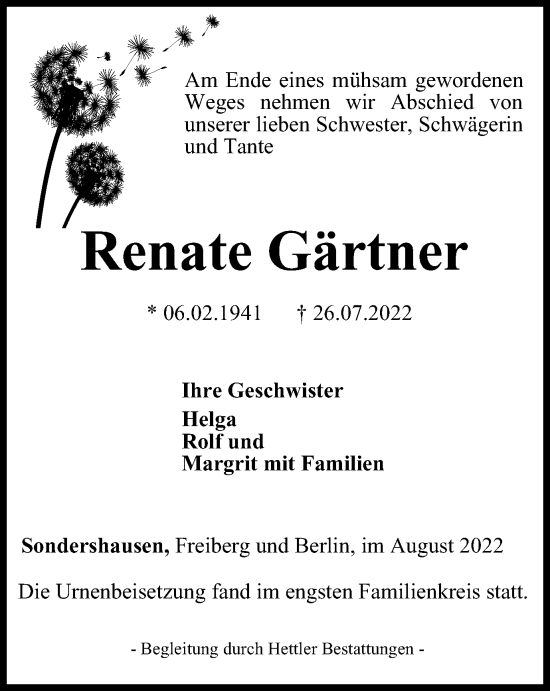 Traueranzeigen von Renate Gärtner trauerinthueringen.de