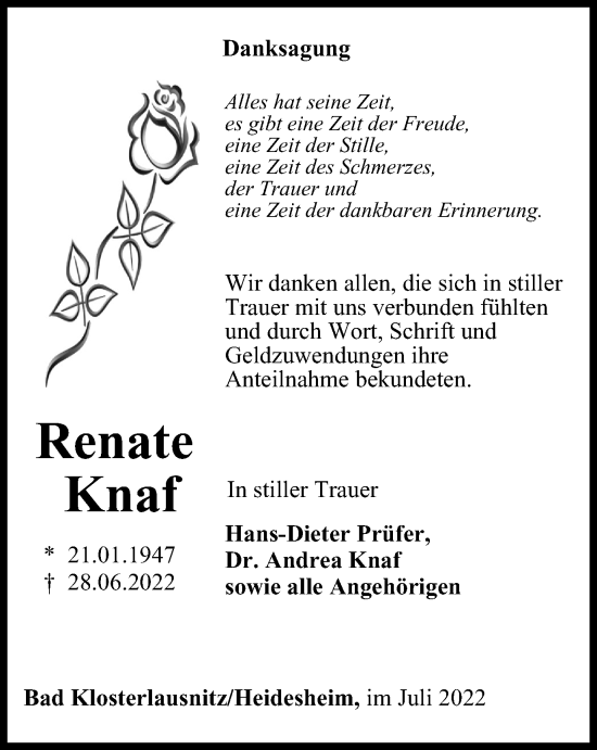 Traueranzeige von Renate Knaf von Ostthüringer Zeitung