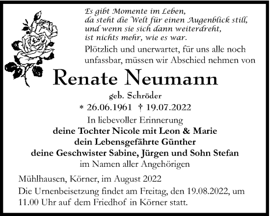 Traueranzeige von Renate Neumann von Thüringer Allgemeine, Thüringische Landeszeitung
