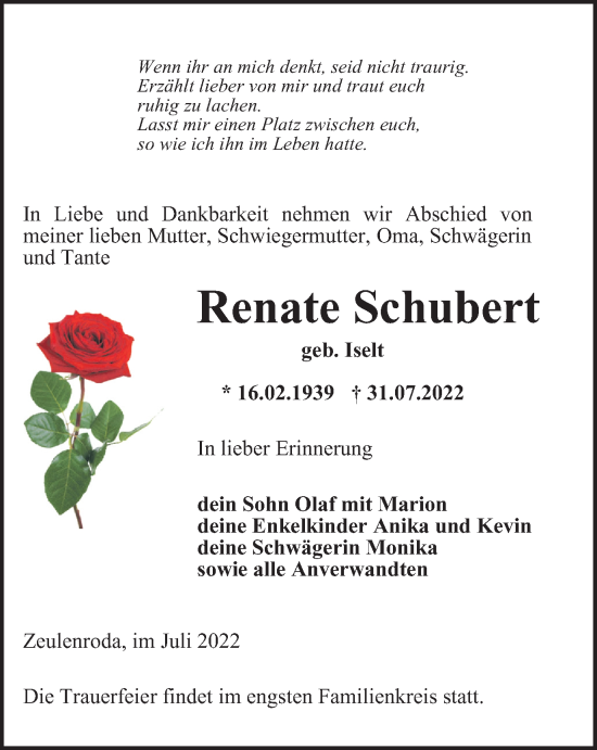 Traueranzeige von Renate Schubert von Ostthüringer Zeitung