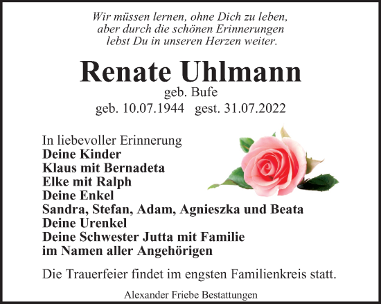 Traueranzeige von Renate Uhlmann