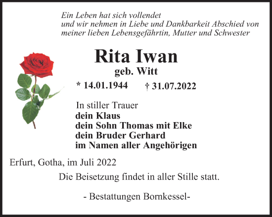Traueranzeige von Rita Iwan von Thüringer Allgemeine, Thüringische Landeszeitung