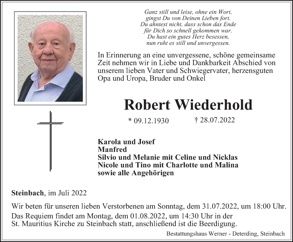  Traueranzeige für Robert Wiederhold vom 30.07.2022 aus Thüringer Allgemeine