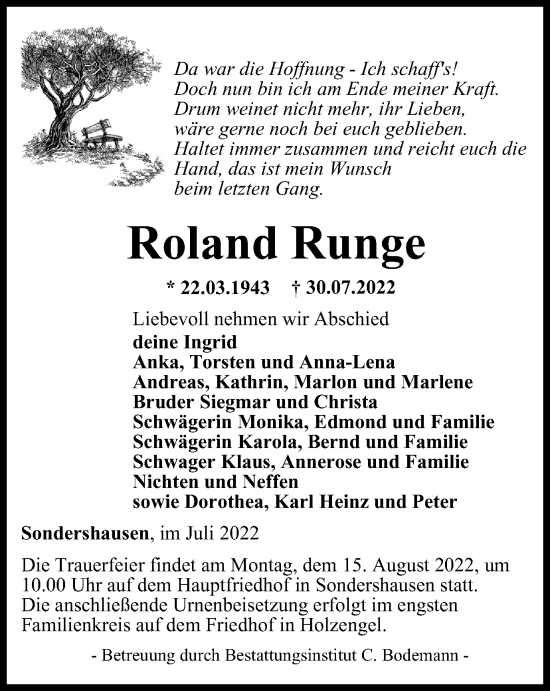 Traueranzeige von Roland Runge von Thüringer Allgemeine