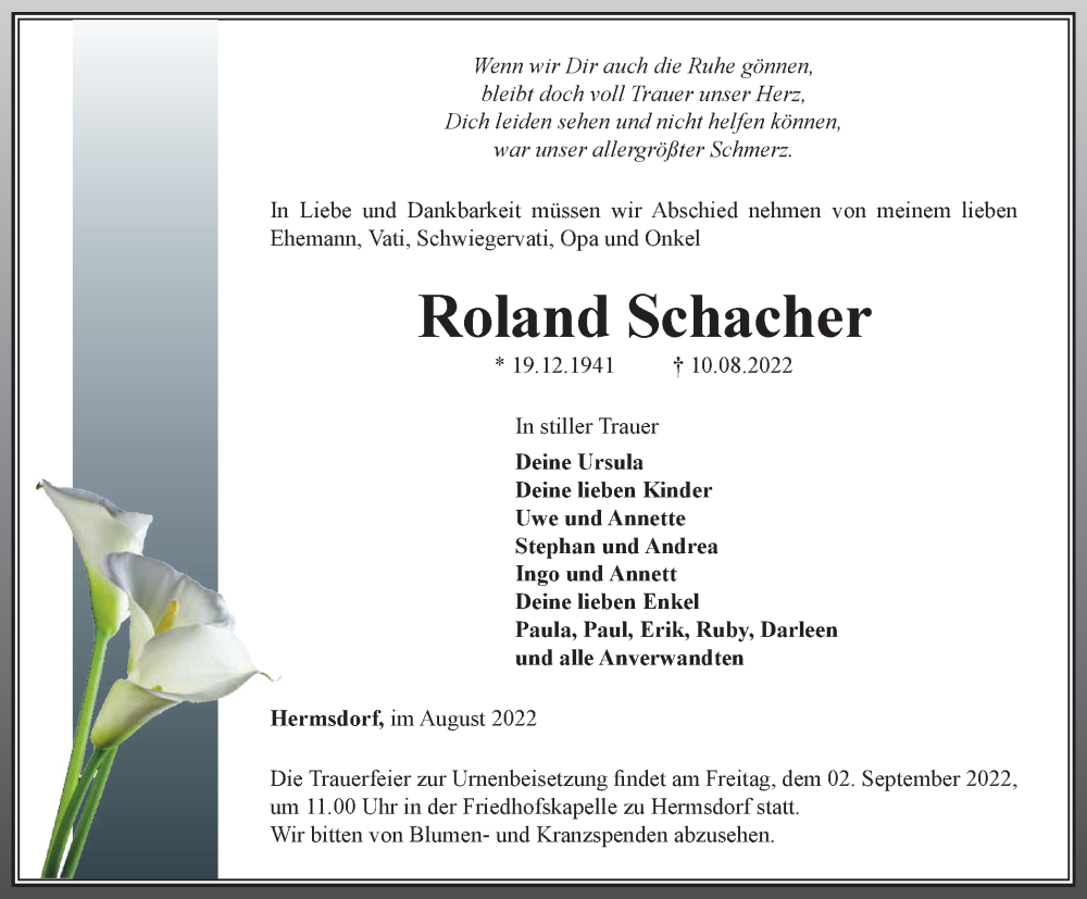  Traueranzeige für Roland Schacher vom 20.08.2022 aus Ostthüringer Zeitung