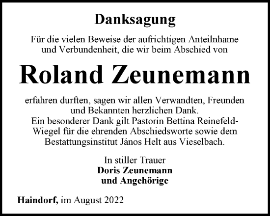 Traueranzeige von Roland Zeunemann von Thüringer Allgemeine, Thüringische Landeszeitung