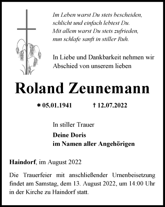 Traueranzeige von Roland Zeunemann von Thüringer Allgemeine, Thüringische Landeszeitung