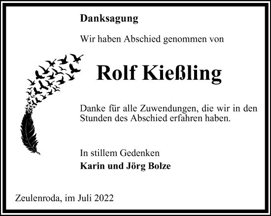 Traueranzeige von Rolf Kießling von Ostthüringer Zeitung