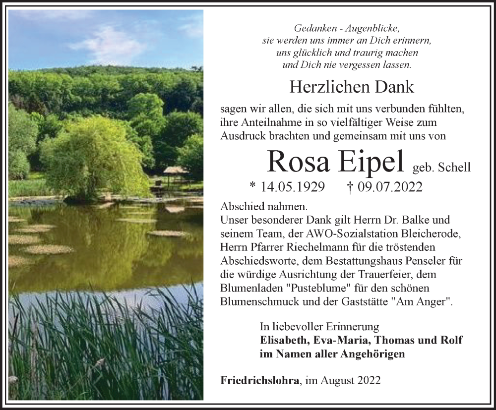  Traueranzeige für Rosa Eipel vom 06.08.2022 aus Thüringer Allgemeine