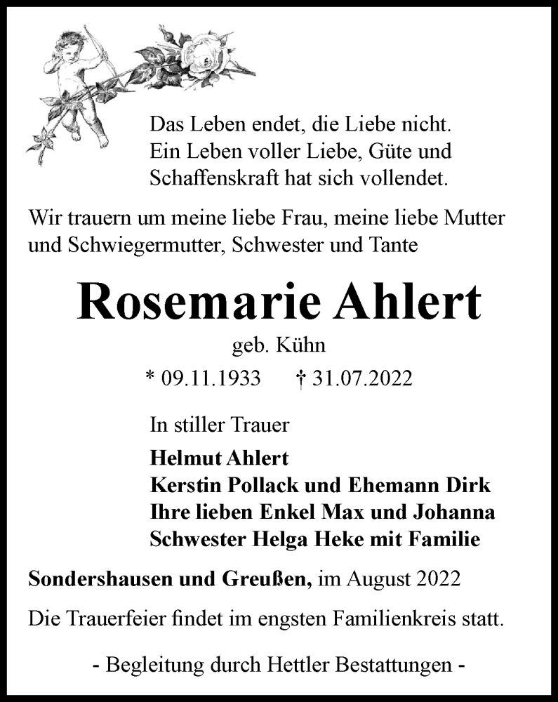  Traueranzeige für Rosemarie Ahlert vom 06.08.2022 aus Thüringer Allgemeine