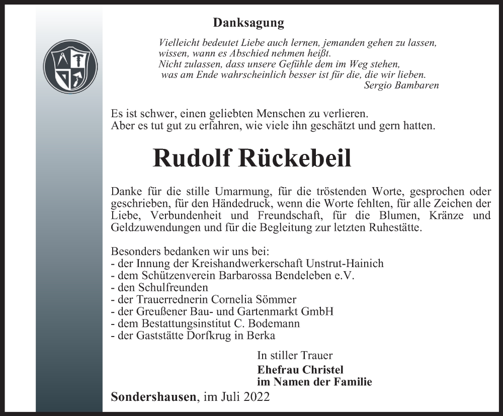  Traueranzeige für Rudolf Rückebeil vom 30.07.2022 aus Thüringer Allgemeine