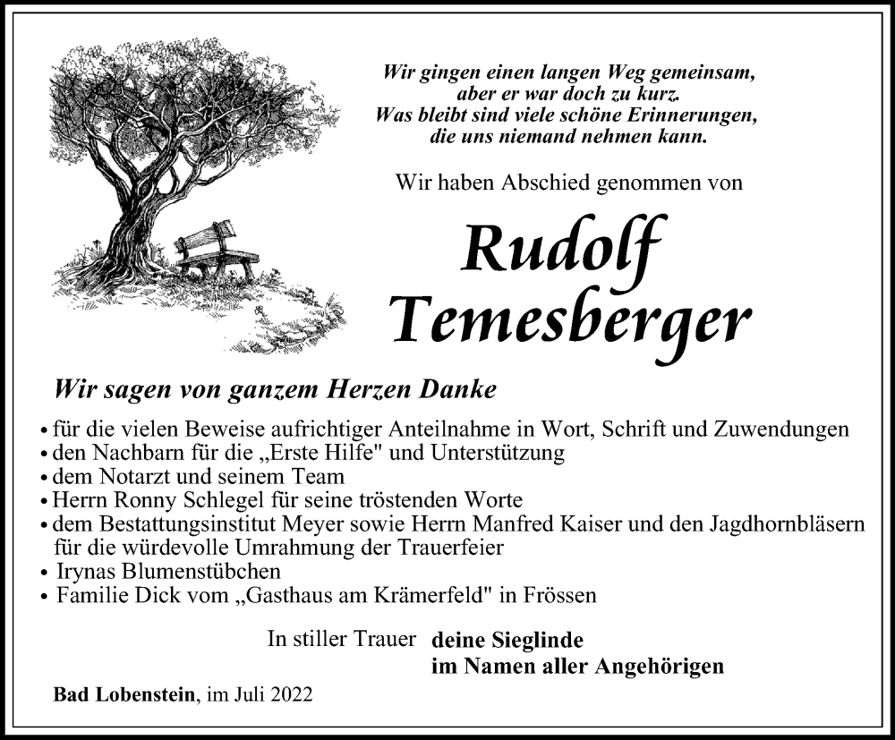  Traueranzeige für Rudolf Temesberger vom 06.08.2022 aus Ostthüringer Zeitung