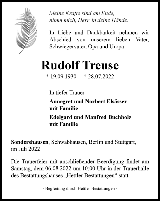 Traueranzeige von Rudolf Treuse von Thüringer Allgemeine