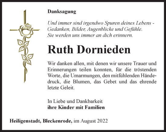 Traueranzeige von Ruth Dornieden von Thüringer Allgemeine