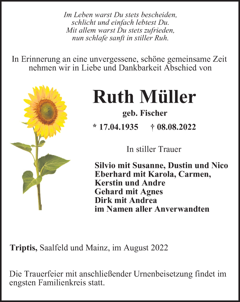  Traueranzeige für Ruth Müller vom 13.08.2022 aus Ostthüringer Zeitung