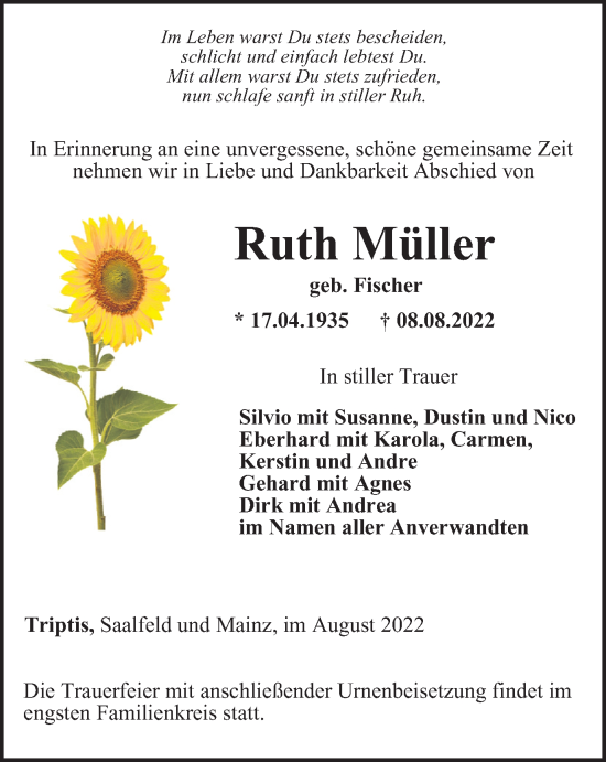 Traueranzeige von Ruth Müller