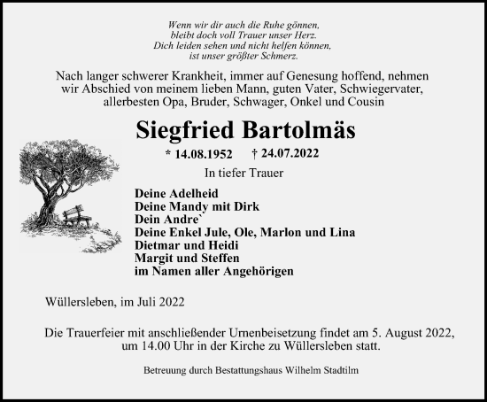 Traueranzeige von Siegfried Bartolmäs von Thüringer Allgemeine
