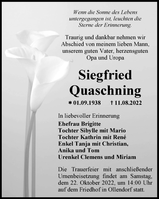 Traueranzeige von Siegfried Quaschning von Ostthüringer Zeitung
