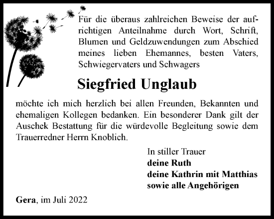 Traueranzeige von Siegfried Unglaub von Ostthüringer Zeitung
