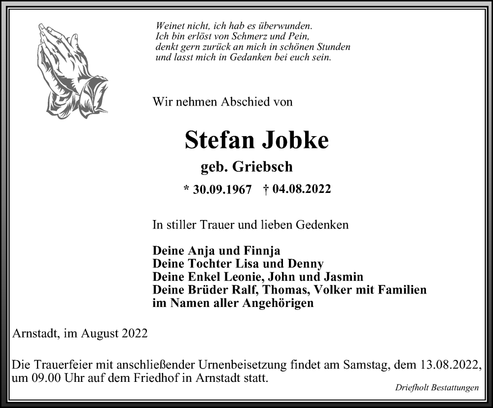  Traueranzeige für Stefan Jobke vom 09.08.2022 aus Thüringer Allgemeine