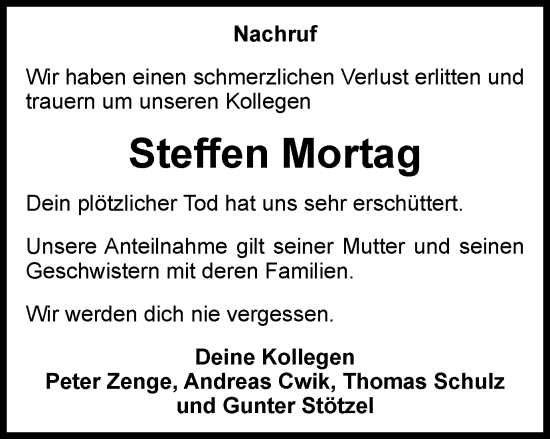 Traueranzeige von Steffen Mortag von Thüringer Allgemeine, Thüringische Landeszeitung