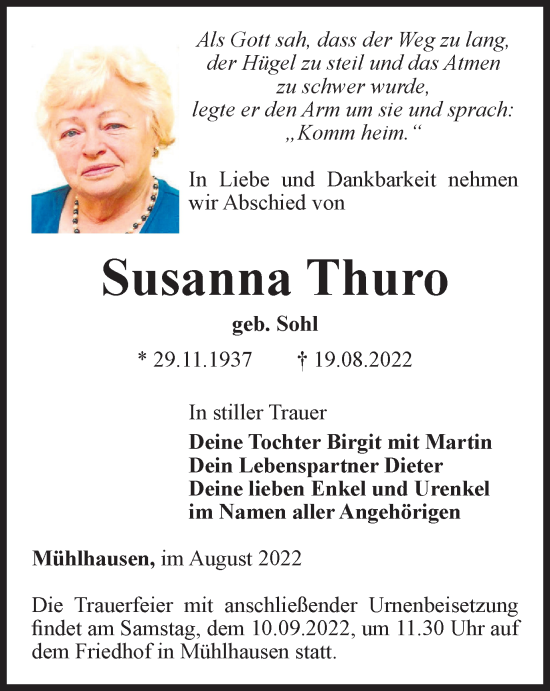 Traueranzeige von Susanna Thuro von Thüringer Allgemeine, Thüringische Landeszeitung