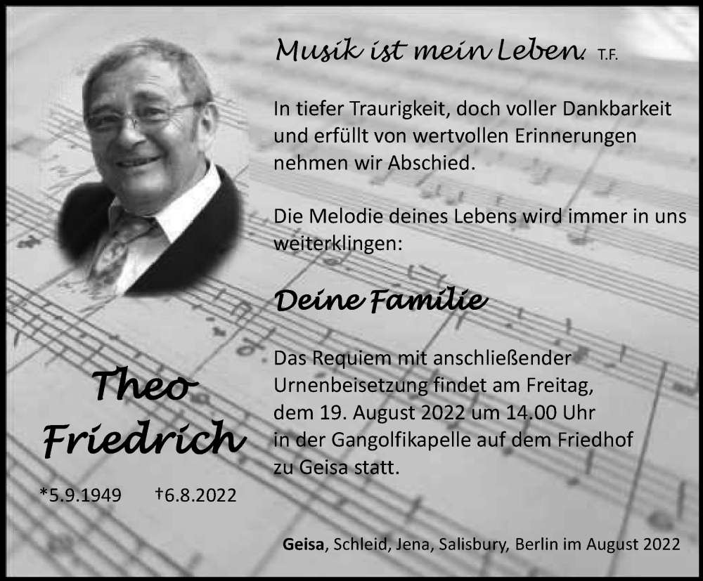  Traueranzeige für Theo Friedrich vom 16.08.2022 aus Ostthüringer Zeitung, Thüringische Landeszeitung