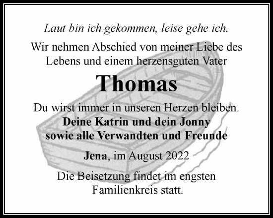 Traueranzeige von Thomas  von Ostthüringer Zeitung, Thüringische Landeszeitung