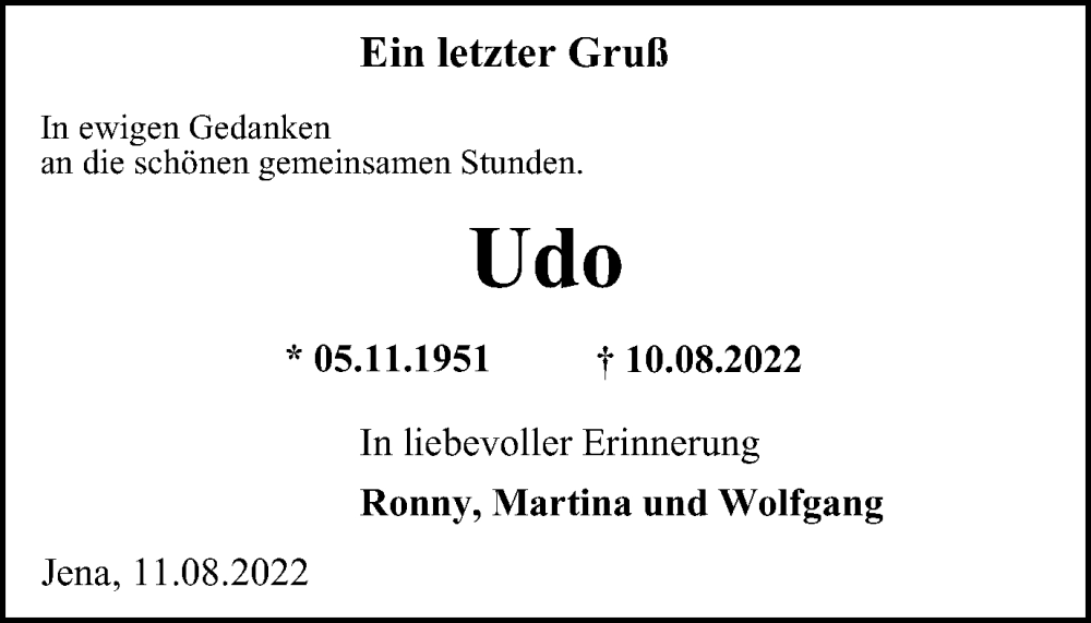  Traueranzeige für Udo  vom 13.08.2022 aus Ostthüringer Zeitung, Thüringische Landeszeitung