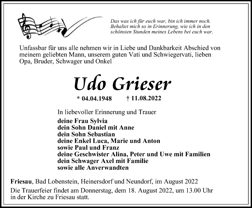  Traueranzeige für Udo Grieser vom 16.08.2022 aus Ostthüringer Zeitung
