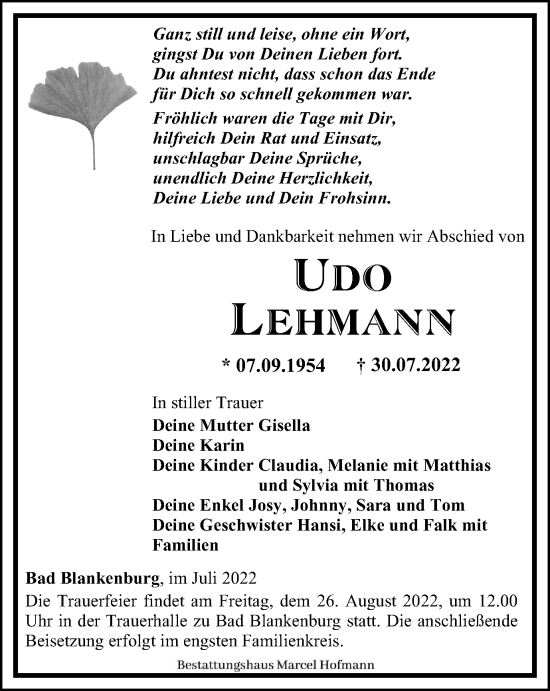 Traueranzeige von Udo Lehmann von Ostthüringer Zeitung