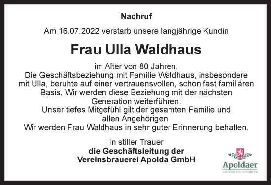 Traueranzeige von Ulla Waldhaus von Thüringer Allgemeine, Thüringische Landeszeitung