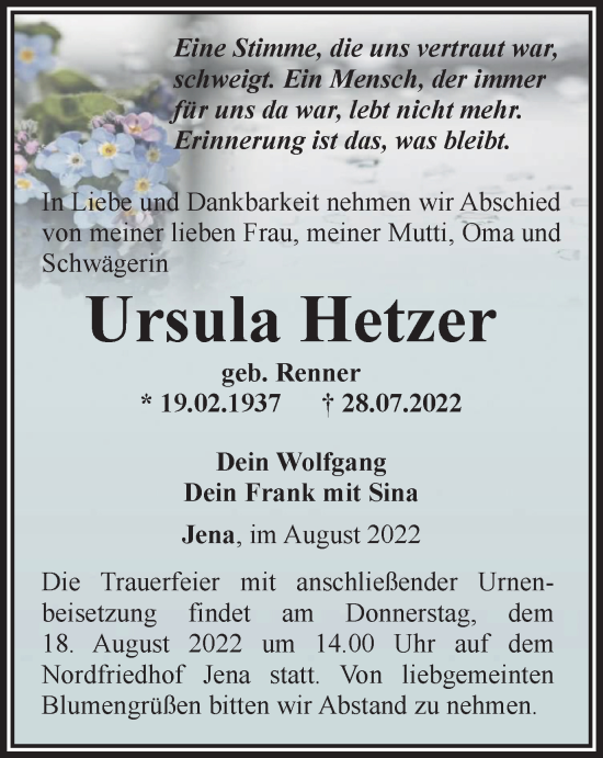 Traueranzeige von Ursula Hetzer von Ostthüringer Zeitung, Thüringische Landeszeitung