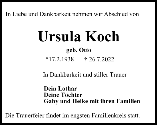 Traueranzeige von Ursula Koch von Thüringer Allgemeine, Thüringische Landeszeitung