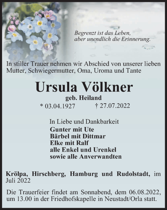 Traueranzeige von Ursula Völkner von Ostthüringer Zeitung