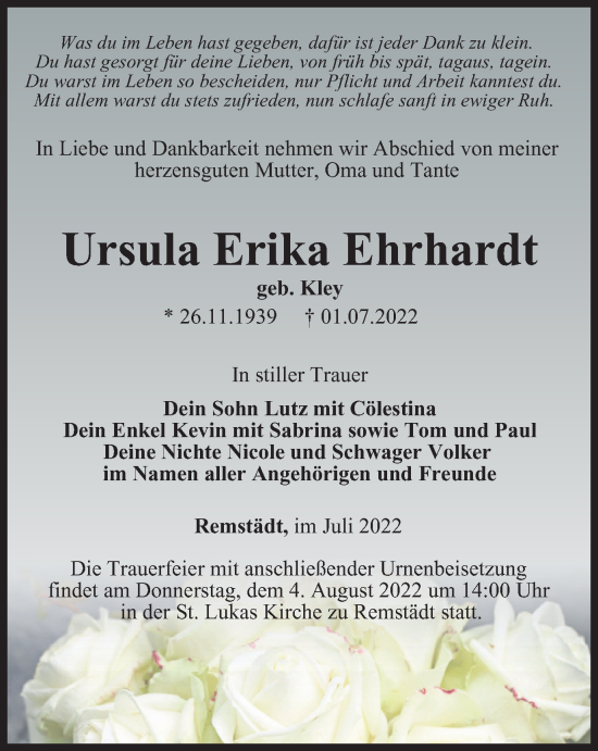 Traueranzeige von Ursula Erika Ehrhardt von Thüringer Allgemeine, Thüringische Landeszeitung
